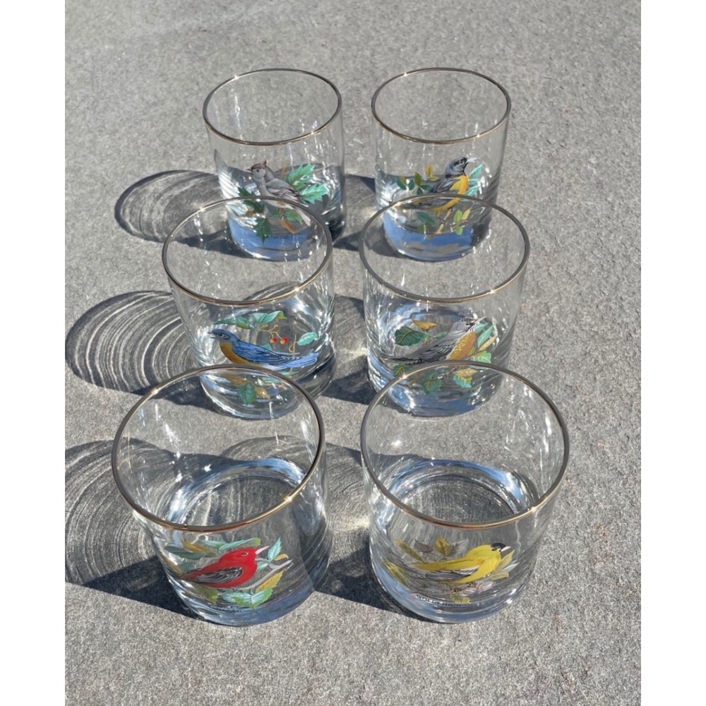 Vintage‎ West Virginia Glass Co Gold Rim Songbird Lowball Glasses - Set of 6 MCM